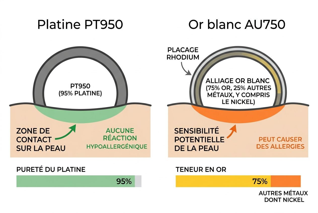 Différence entre platine PT950 et or blanc AU750: schéma comparatif illustrant pureté (95% platine vs 75% or avec alliage),_ZONE de contact peau et sensibilités potentielles.