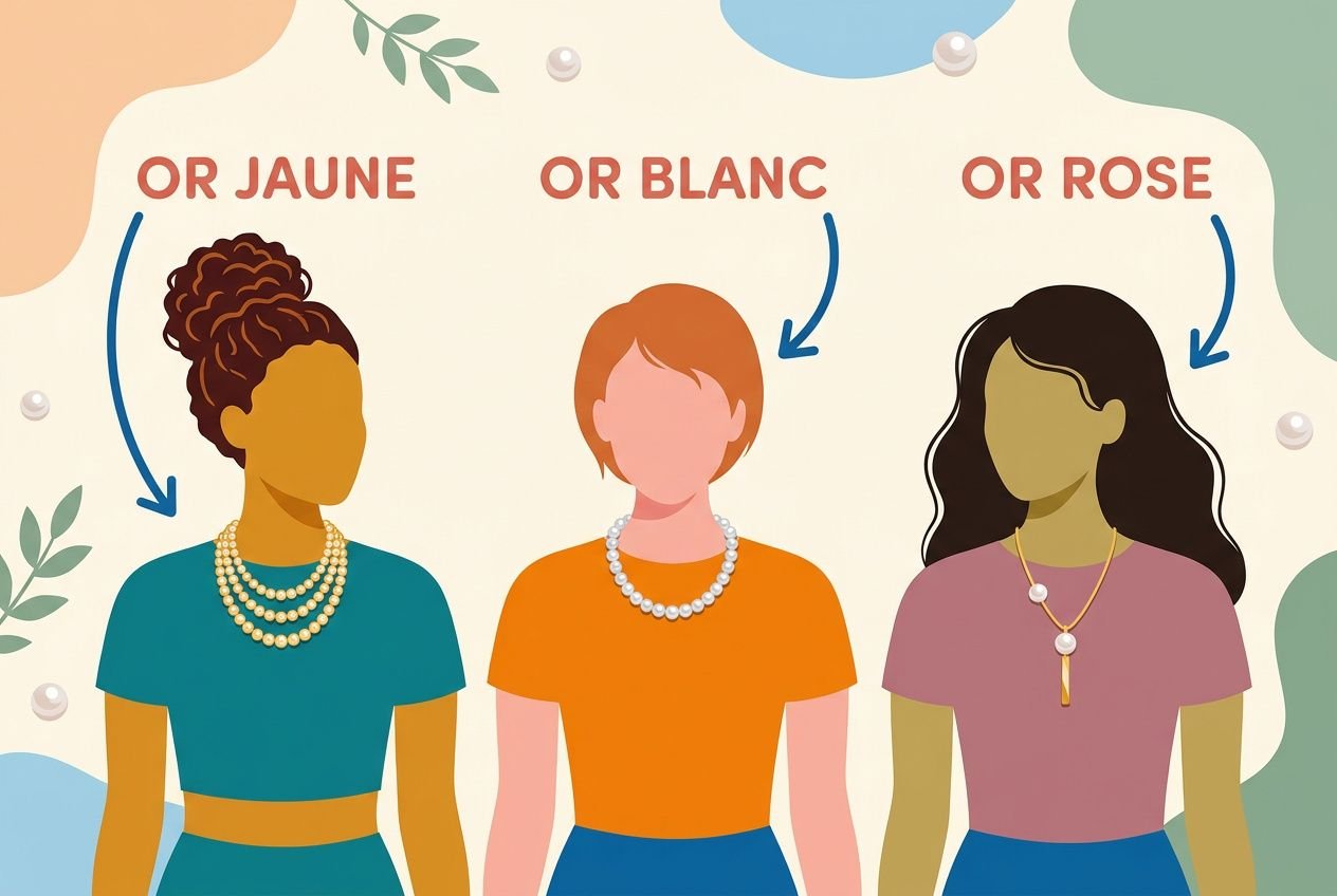 Différences entre or jaune, or blanc et or rose illustrant trois styles de bijou féminin et leurs nuances.