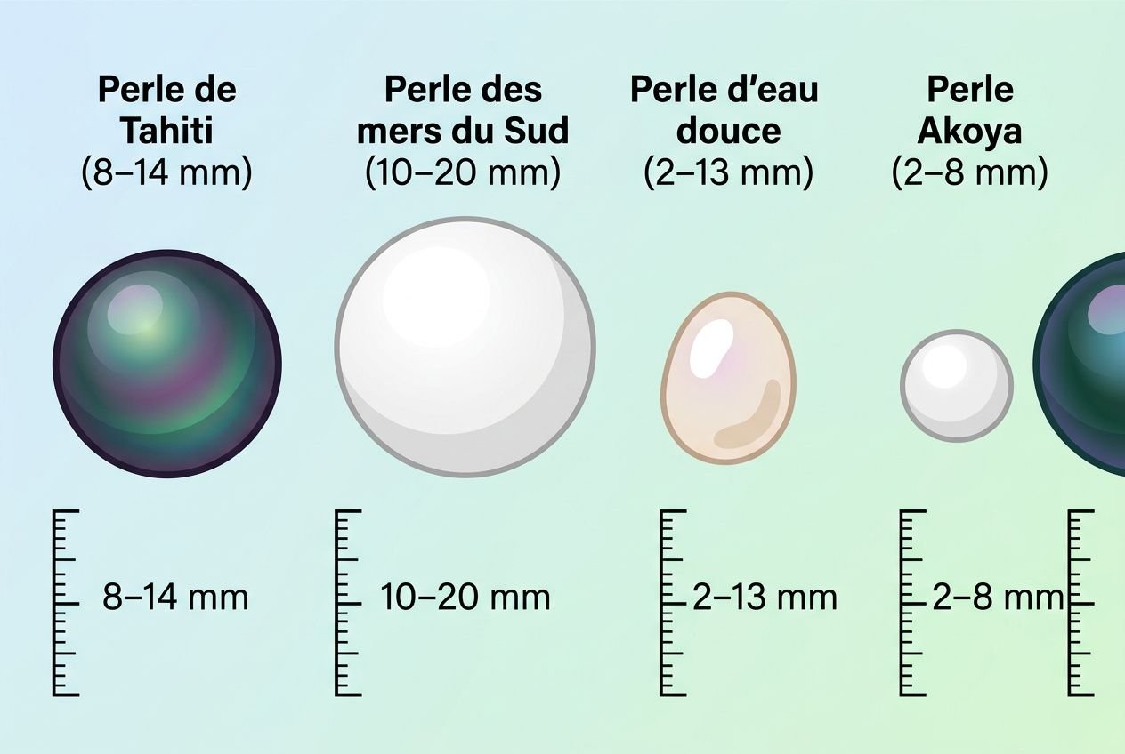 Différences perles de Tahiti autres perles : comparatif illustré montrant perle de Tahiti (8–14 mm), perles des mers du Sud (10–20 mm), perle d’eau douce (2–13 mm) et perle Akoya (2–8 mm) avec scales.