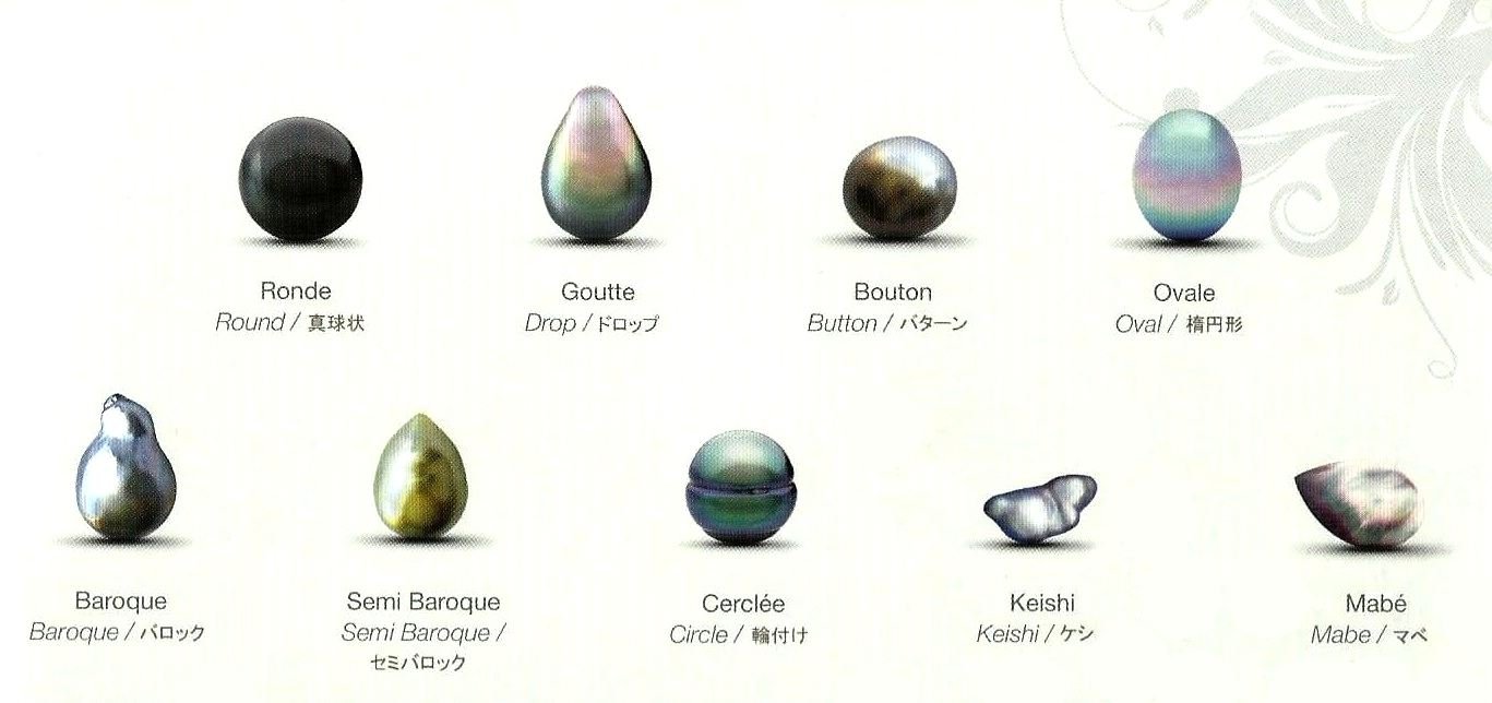 Les différentes formes de perles de culture, ronde, goutte, bouton, ovale, baroque, semi baroque, cerclée, keishi et mabé