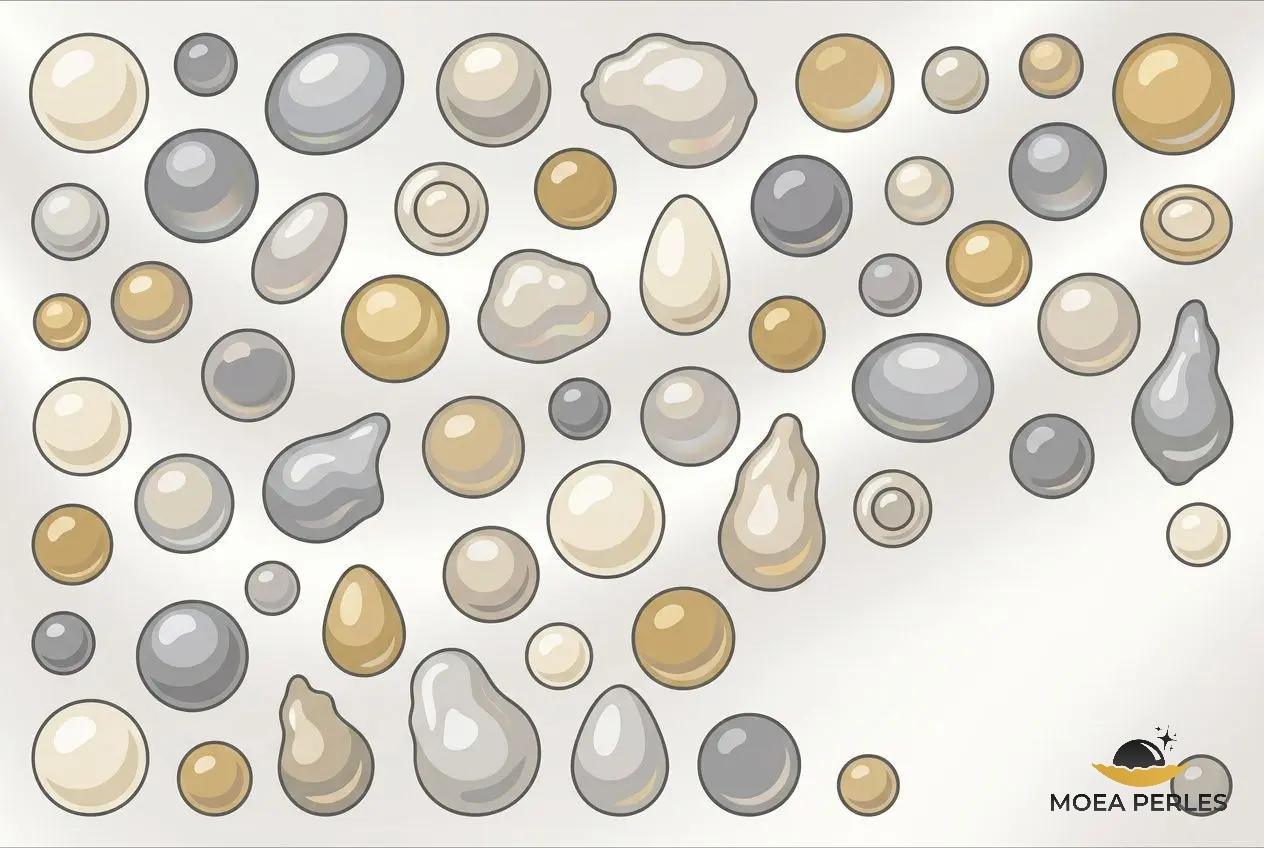 Différents perles et perles nacrées de tailles et formes variées, ornées de tons gris, beige et doré, avec logo MOEA PERLES en bas à droite.