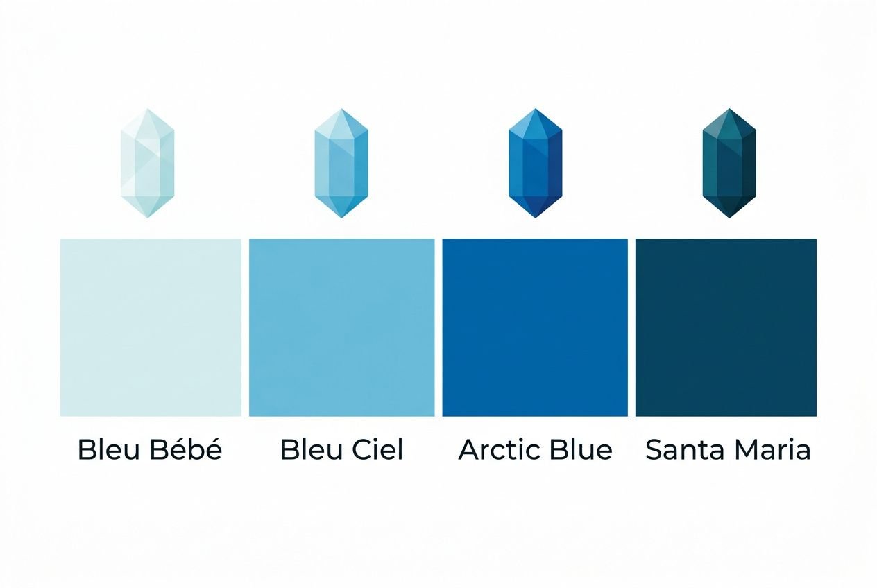Différents tons d’aigue-marine : du Bleu Bébé au profond Santa Maria, montrant l’évolution des nuances bleues citées.