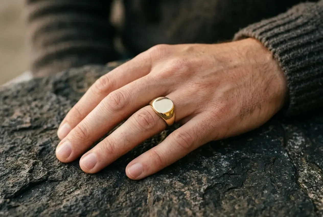 Doigt portant une bague dorée avec pierre blanche, posé sur une surface rugueuse, dans une ambiance masculine et élégante. l art des bijoux pour homme.
