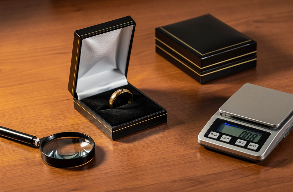 Écrin à bijoux noir ouvert sur un bureau d'évaluation de bijoux en or.