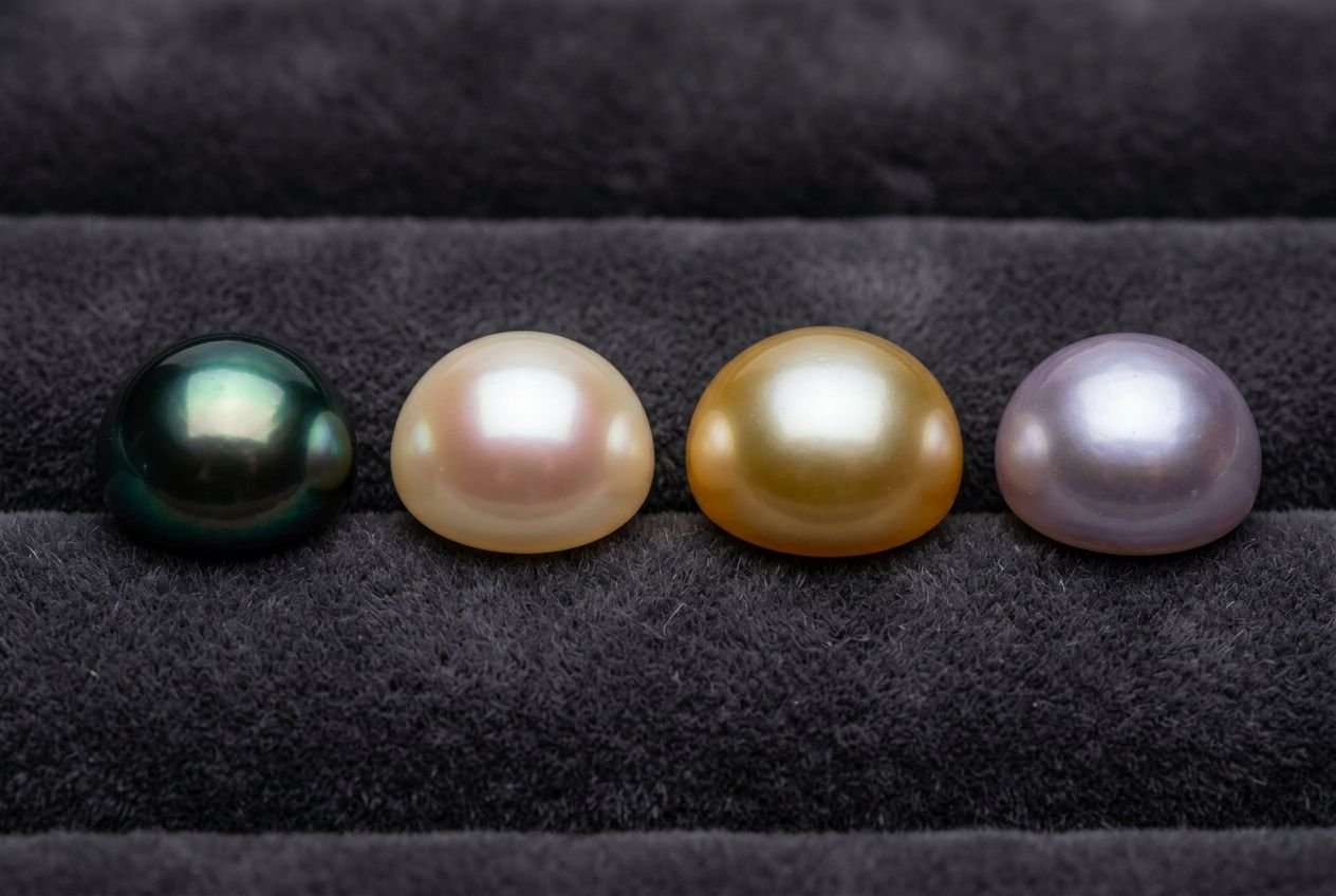 Qu est ce q une perle mabé : quatre perles hémisphériques variées posé sur fond noir, montrant couleurs vert émeraude, blanche rosée, dorée et pourpre.