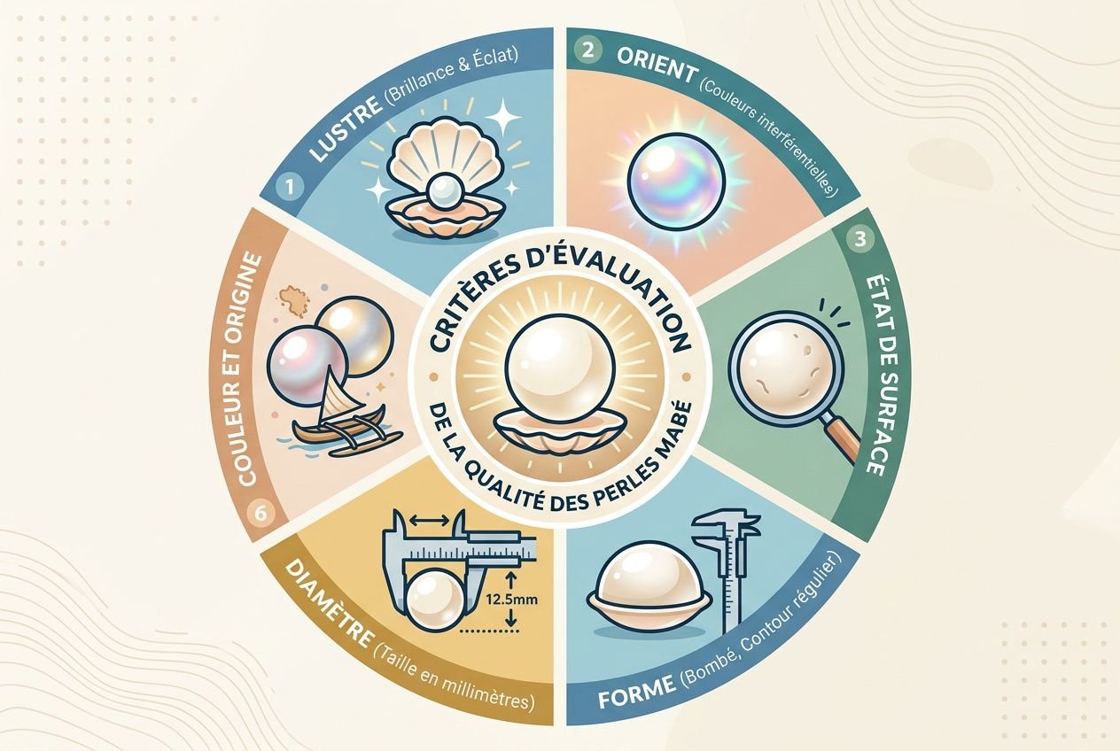 Qu est ce q une perle mabé : schéma circulaire sur les critères d’évaluation et la qualité des perles mabé, montrant forme, couleur, surface et dimensions.