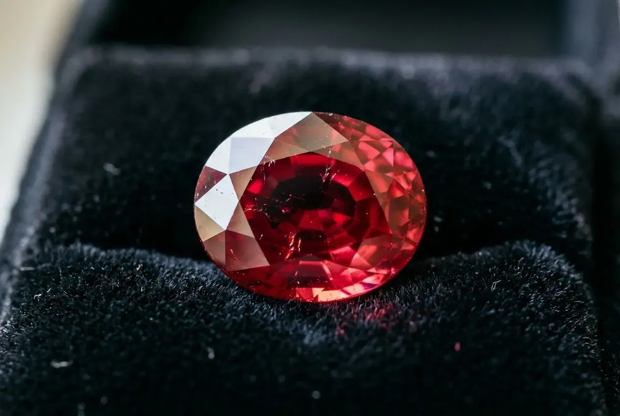 Qu est ce qu une spinelle : rouge échancrée, facettes brillantes reposant sur un écrin noir, gemme rouge intense.