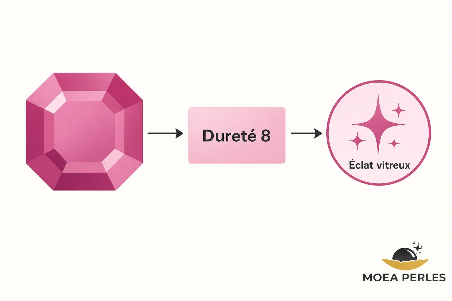 Qu est ce qu une spinelle : schéma simple montrant une pierre rose, une dureté 8 et un éclat vitré, logo MOEA PERLES.