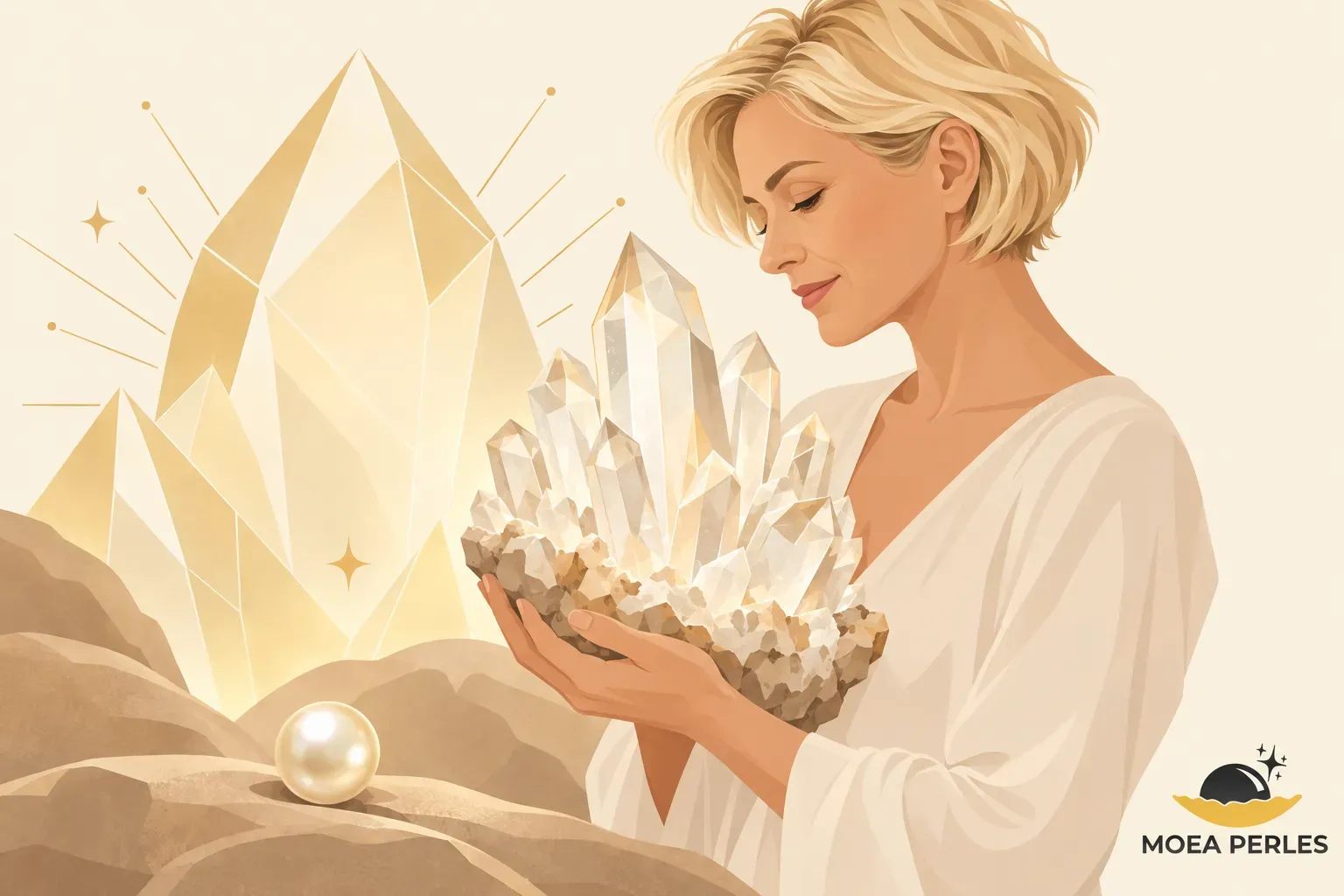 Une femme blonde tient dans ses mains un grand amas de cristaux de quartz étincelants entourés de roches et d’un petit joyau