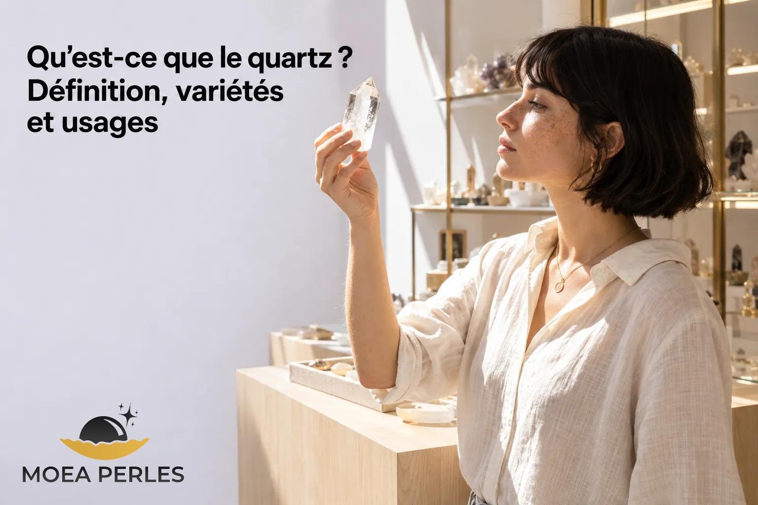 Une femme tient un cristal de quartz près du visage dans une boutique de minéraux.
