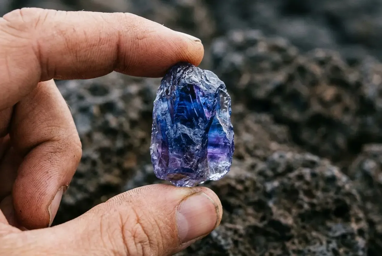 Fragment de tanzanite brute, gemme bleu-violet translucide tenue entre deux doigts. Qu est ce qu une tanzanite, pierre précieuse rare taillée?