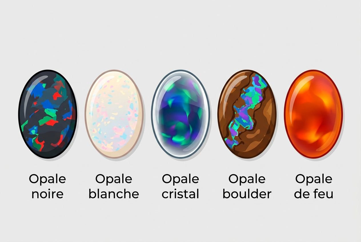 Gamme d’opales: opale noire, opale blanche, opale cristal, opale boulder et opale de feu, chacune affichant ses couleurs brillantes.