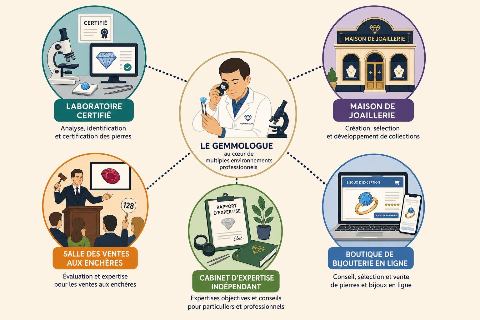 Gemmologue au centre, entouré d’illustrations: laboratoire certifié, salle des ventes aux enchères, cabinet d’expertise indépendant, maison de joaillerie, boutique de bijouterie en ligne. Le métier de gemmologue expert des pierres précieuses et fines.