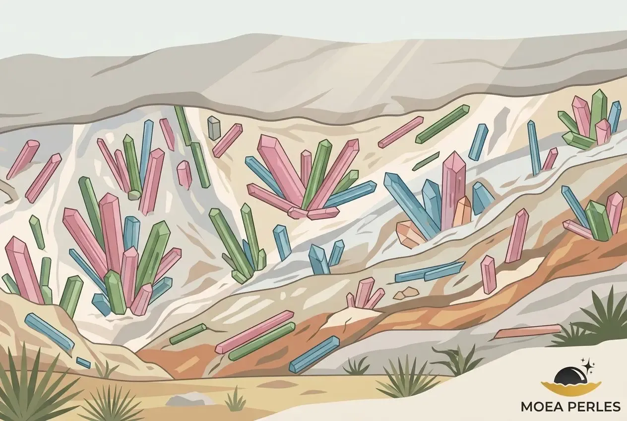 Gisement de pierres tourmaline multicolores dans une mine en fouille, blocs allongés en rose, vert, bleu et bleu clair émergeant du terrain. MOEA PERLES logo.
