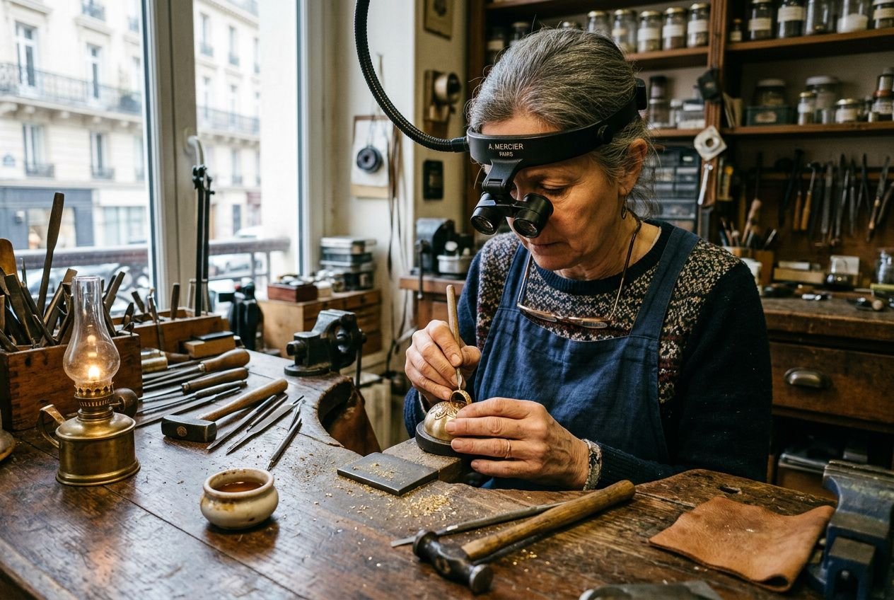 Graveur de bijoux au travail, visionné avec loupe et lampe frontale, façonnant un petit bijou avec outils sur son établi. Le métier de graveur de bijoux dans le secteur de la joaillerie.