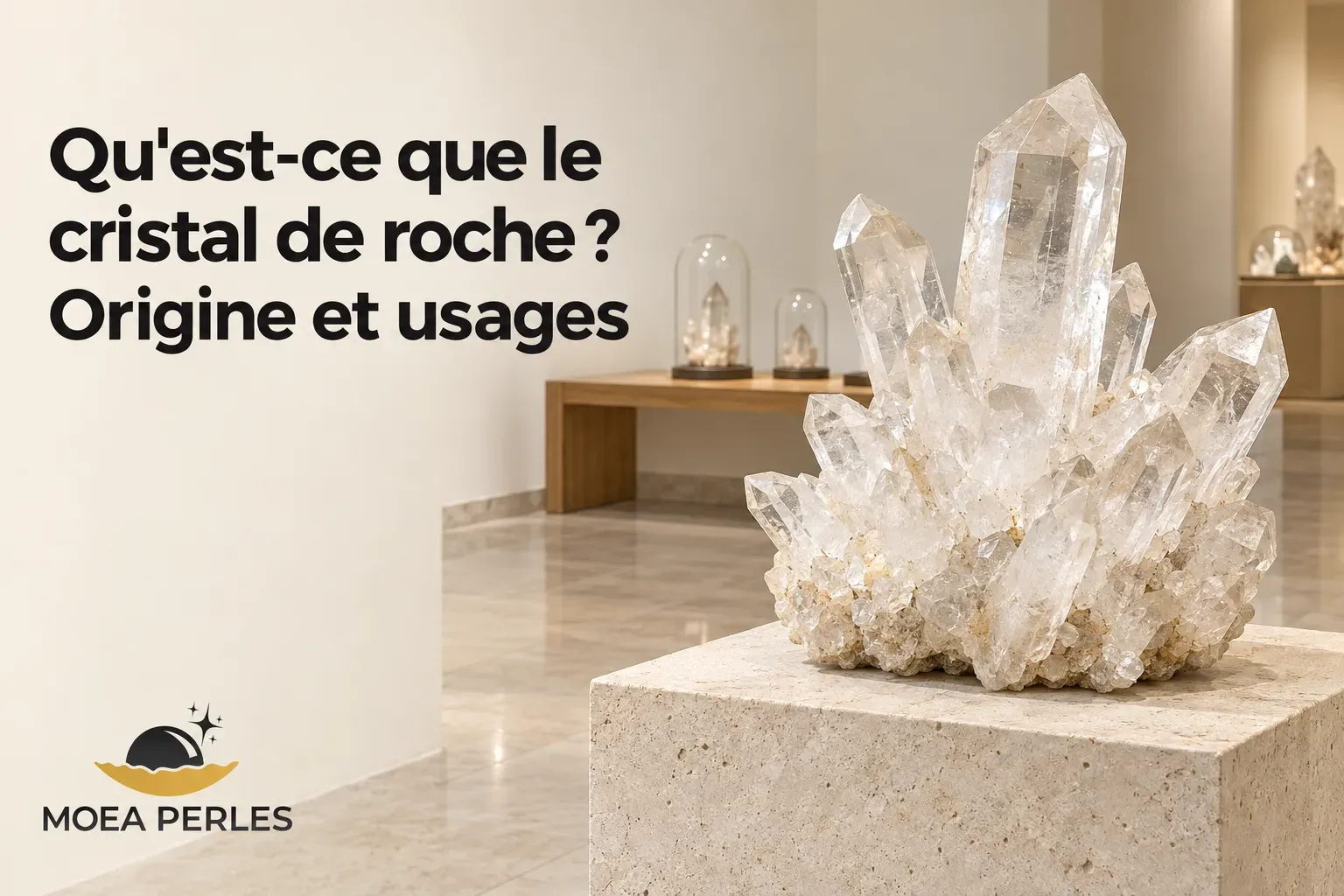 Gros cristal clair en formation géode placé sur une socle en pierre dans une salle d’exposition.