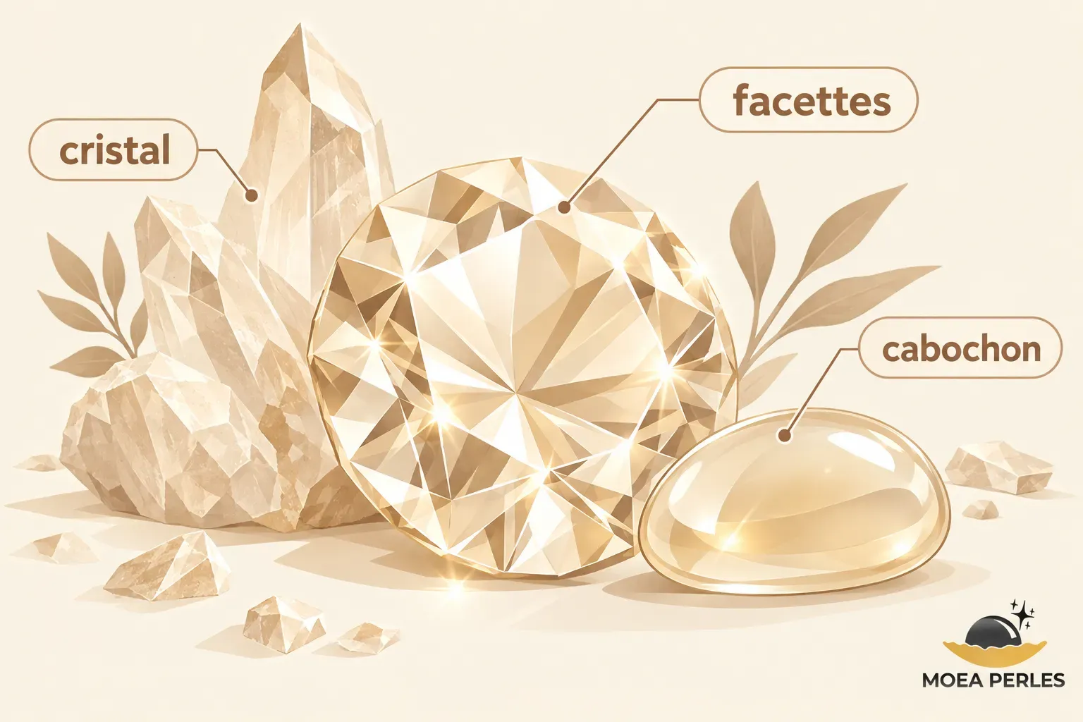 Gros plan sur des cristaux de roche facettés et un cabochon translucide posés ensemble.