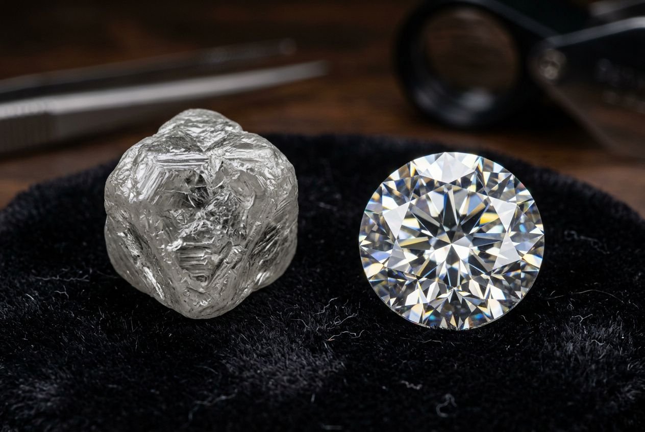 Gros plan sur un diamant brut à gauche et son diamant taillé rond brillant à droite, sur un fond sombre. la taille du diamant montre des facettes étincelantes.