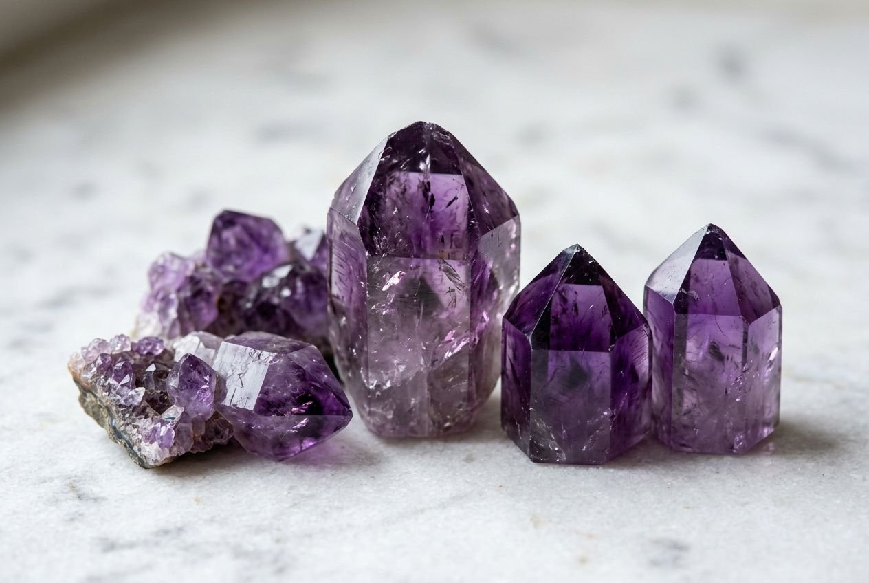 Groupe d'améthystes violet clair à foncé sur pierre, éclatants facettes, variété de quartz, pierres décoratives et gemmes.
