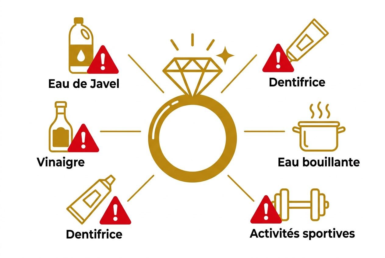 Guide clair pour l’entretien des diamants autour d’un anneau, avec symboles d’astuces et risques liés substances chimiques.