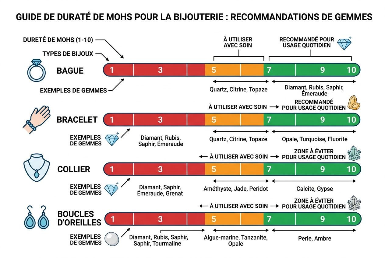 Guide visuel sur l’échelle de Mohs pour comprendre la dureté des pierres en joaillerie, avec exemples et codes couleur par gemmes.