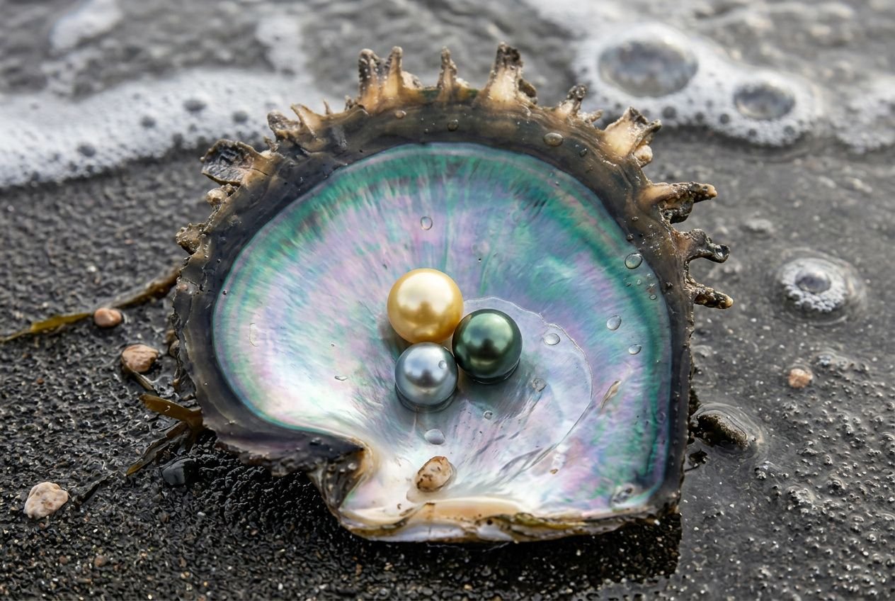 Huître ouverte avec trois perles de culture reposant sur sa nacre irisée, posée sur une plage de sable noir humide.