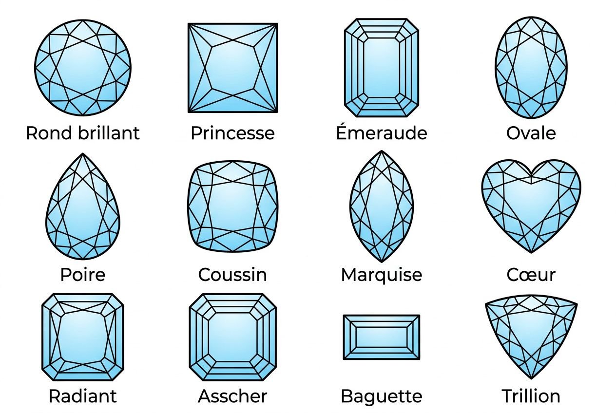 Icones de formes de diamant taillés: rond brillant, princesse, émeraude, ovale, poire, coussin, marquise, cœur, radiant, asscher, baguette, trillon. La taille du diamant expliquée.