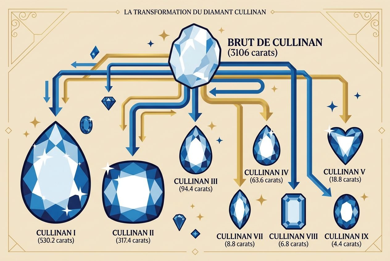 Illustration des diamants Cullinan et leurs diamants bruts, montrant les variétés et carats, thème: diamants les plus grands du monde histoire.