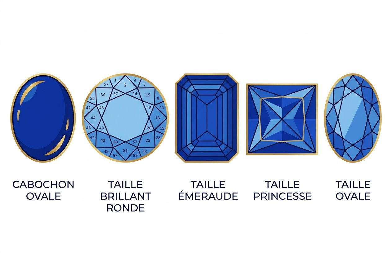 Illustration montrant différentes tailles et formes de gemmes : cabochon ovale, taille brillant ronde, taille émeraude, taille princesse et taille ovale. la taille des gemmes le travail du lapidaire