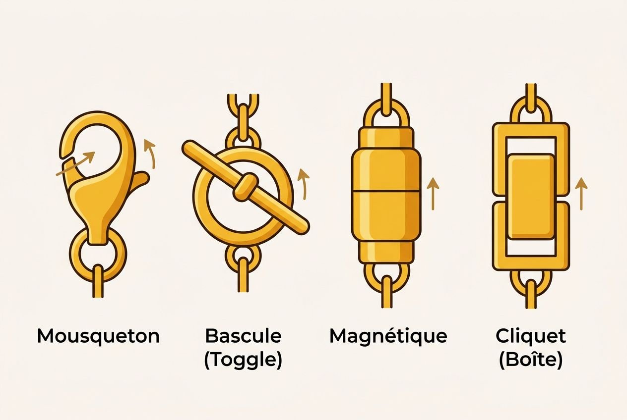 Illustration montrant quatre fermoirs de collier: mousqueton, bascule (toggle), magnétique et cliquet (boîte) avec flèches indiquant le mécanisme.