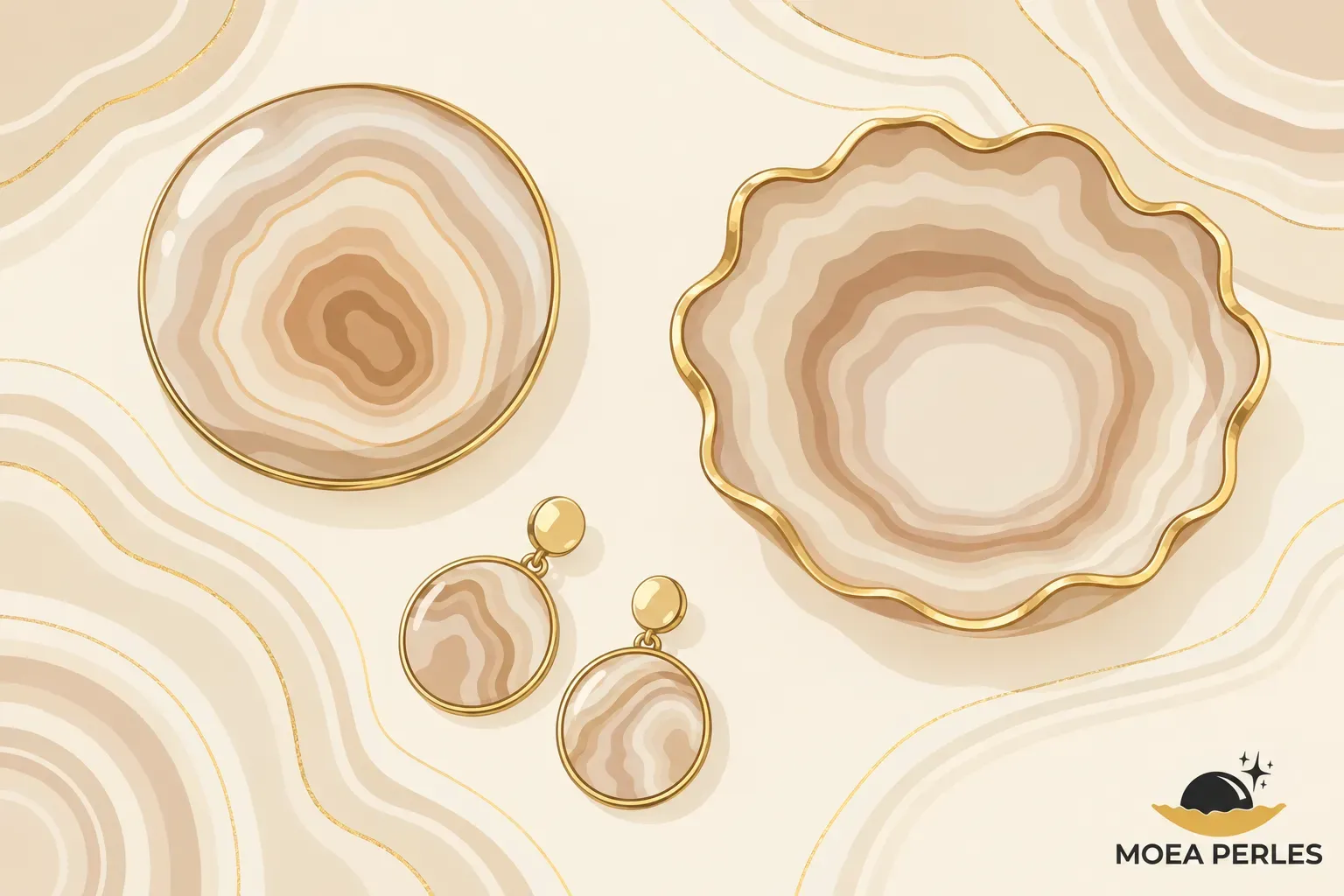 Illustration vectorielle d'objets en agate polie vus de dessus sur fond crème.