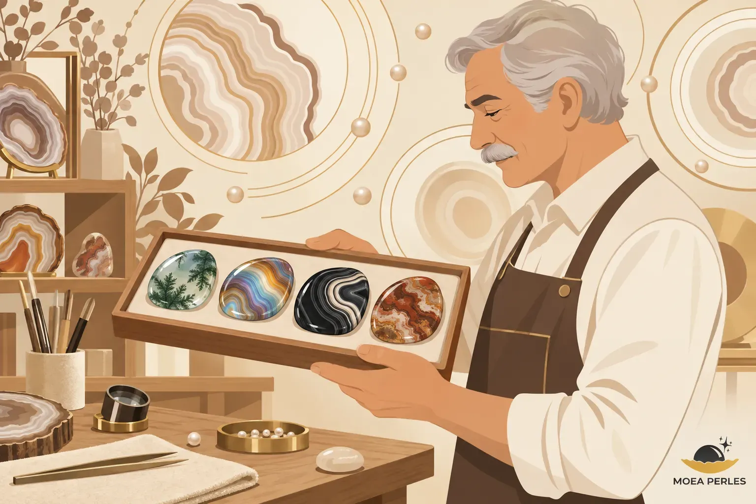 Un joaillier présente sur un plateau quatre variétés d'agate polie : mousse, iris, noire et indienne.