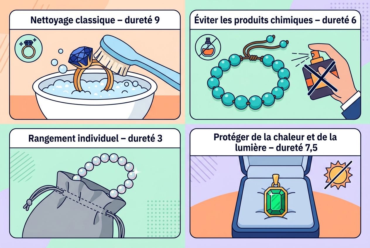 L'échelle de Mohs comprendre la dureté des pierres en joaillerie : diagramme affichant nettoyage, éviter produits chimiques, rangement et protection de bijoux selon la dureté.