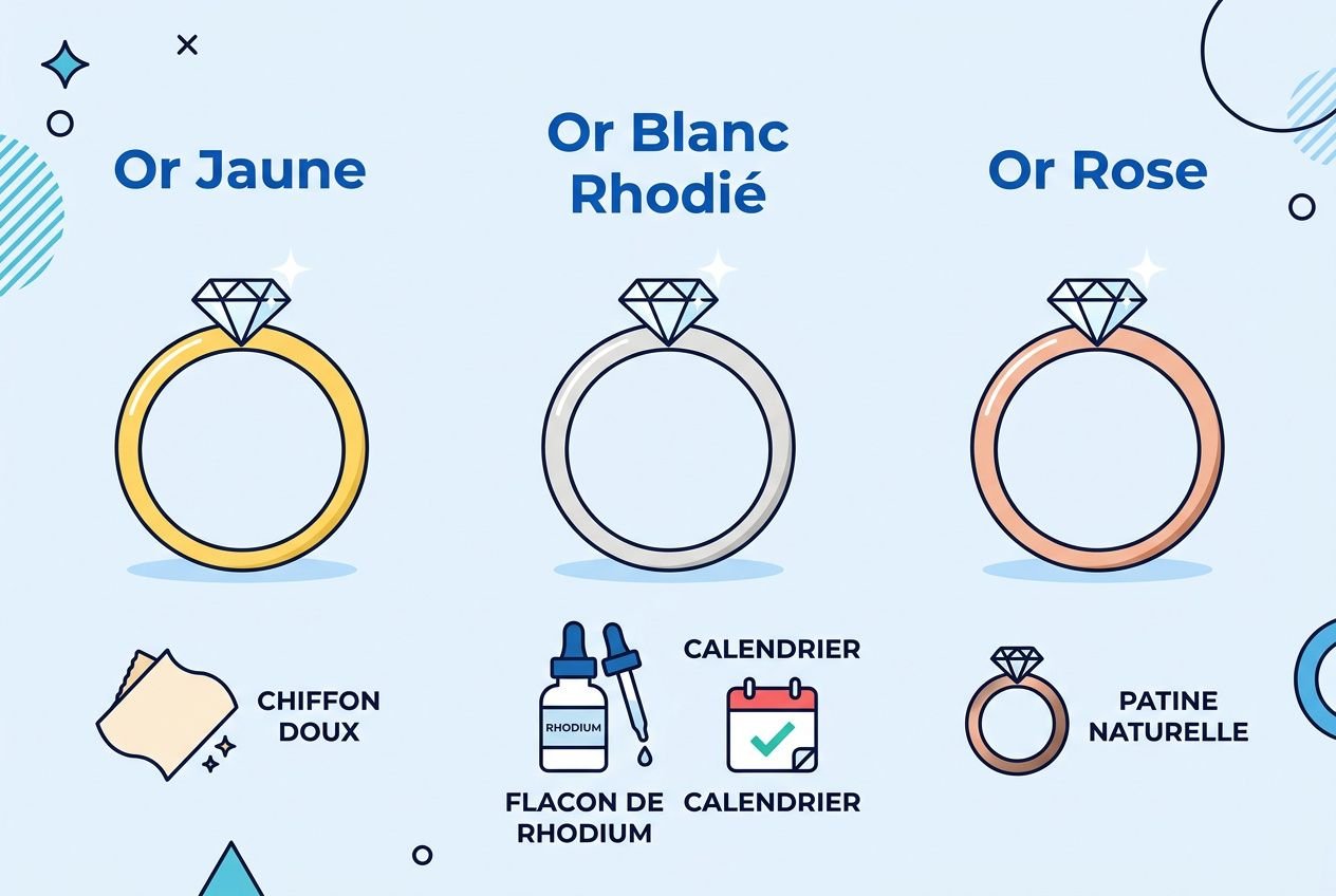 Or jaune, or blanc rhodié et or rose présentés avec bague et diamant, éléments illustrés et détails sur les alliages, différences entre ces ors.