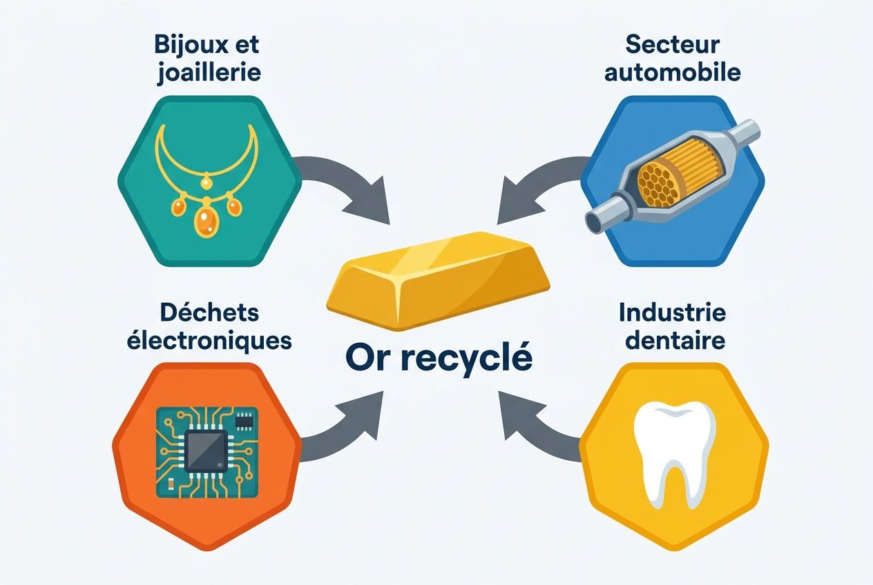 Or recyclé au centre, flux vers bijoux, automobile, industrie dentaire et déchets électroniques. Pourquoi recycler l'or importance pour notre durabilité écologique.