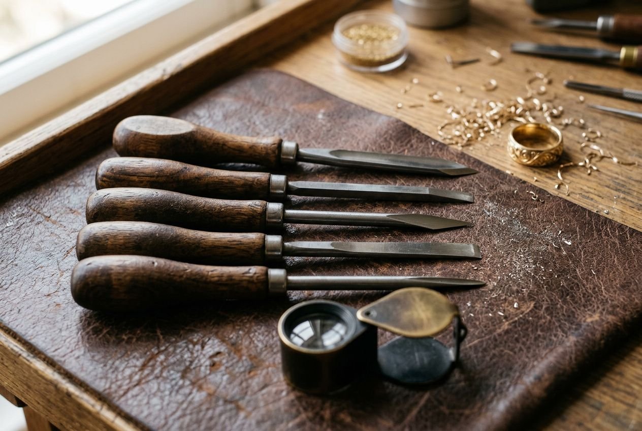 Outils de gravure en bois et lames fines, sur une table de joaillier, avec bagues et perles en arrière-plan. le métier de graveur de bijoux dans la joaillerie.