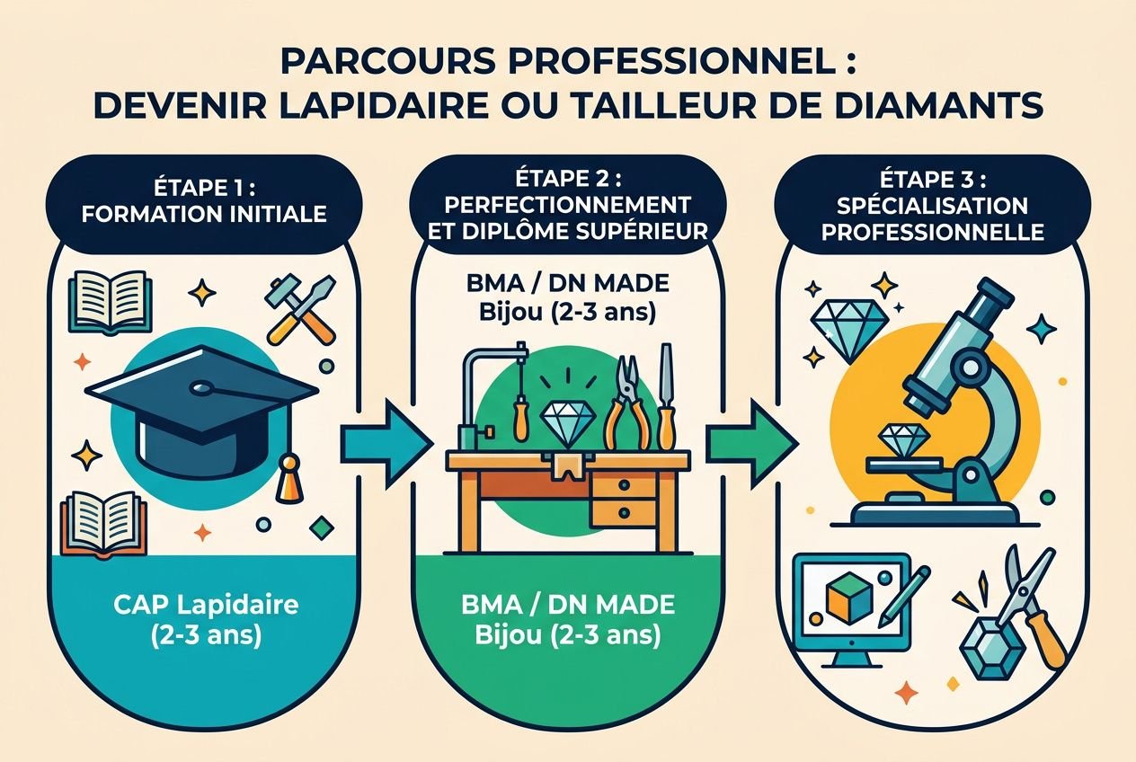 Parcours professionnel : illustration sur le métier de diamantaire et lapidaire, montrant formation initiale, perfectionnement et spécialisation professionnelle avec outils et diamants. le métier de diamantaire et lapidaire l expert en taille de pierres.