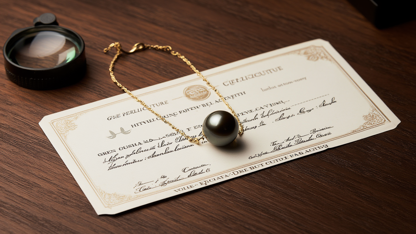 Pendentif perle de Tahiti noire sur chaîne en or posé sur un certificat d'authenticité officiel, avec une loupe de contrôle qualité.
