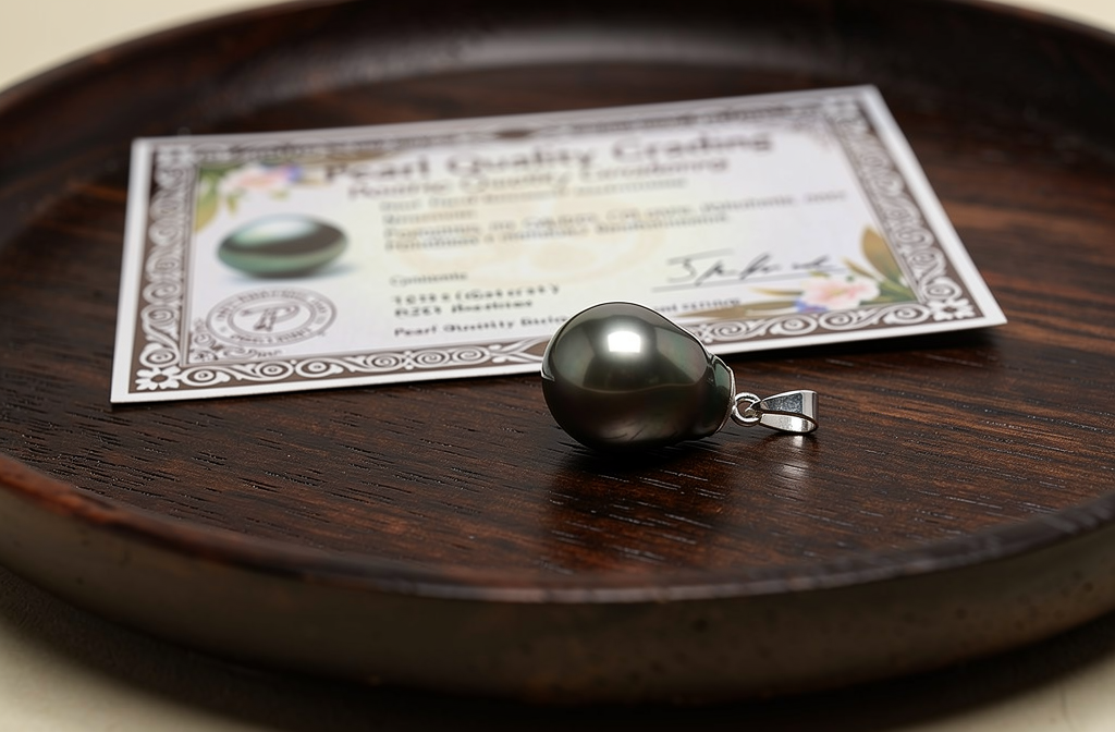 Pendentif perle de Tahiti posé sur un plateau en bois avec un certificat de qualité officiel polynésien.