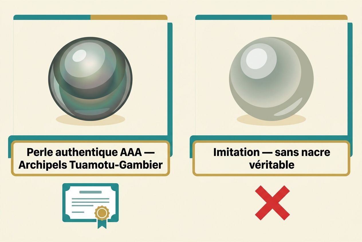 Perle authentique AAA, Archipels Tuamotu-Gambier et imitation sans nacre véritable, symbole interdit, avec coche rouge.