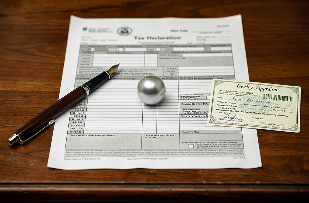Perle de Tahiti posée sur des documents fiscaux officiels lors d'une déclaration de vente de bijoux.