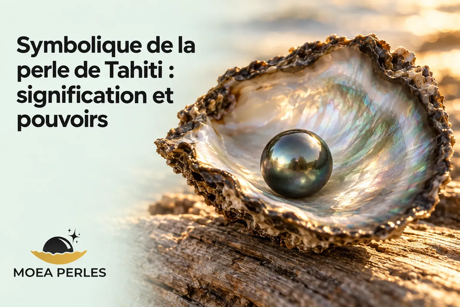 Perle noire formée à l’intérieur d’une coquille ouverte posée sur une surface boisée, avec une lumière chaude et une mer en
