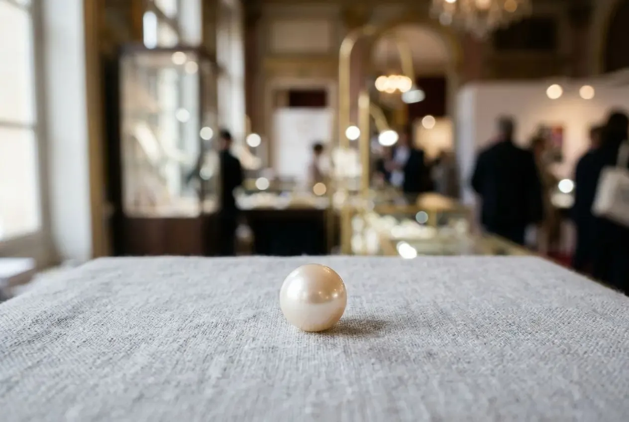 Perle ronde sur toile gris clair, exposée dans une salle d display gemmologie lors d’un salon, ambiance douce et élégante. Meilleurs salons de gemmologie France.