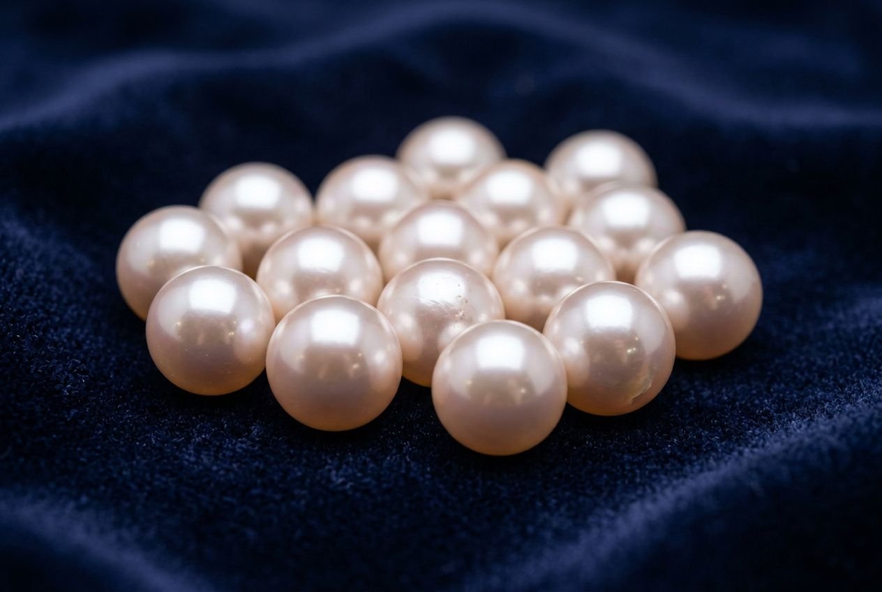 Perles hanadama et akoya de couleur rosée, éclat nacré, posées sur un velours bleu nuit. Différence entre perles hanadama et akoya.