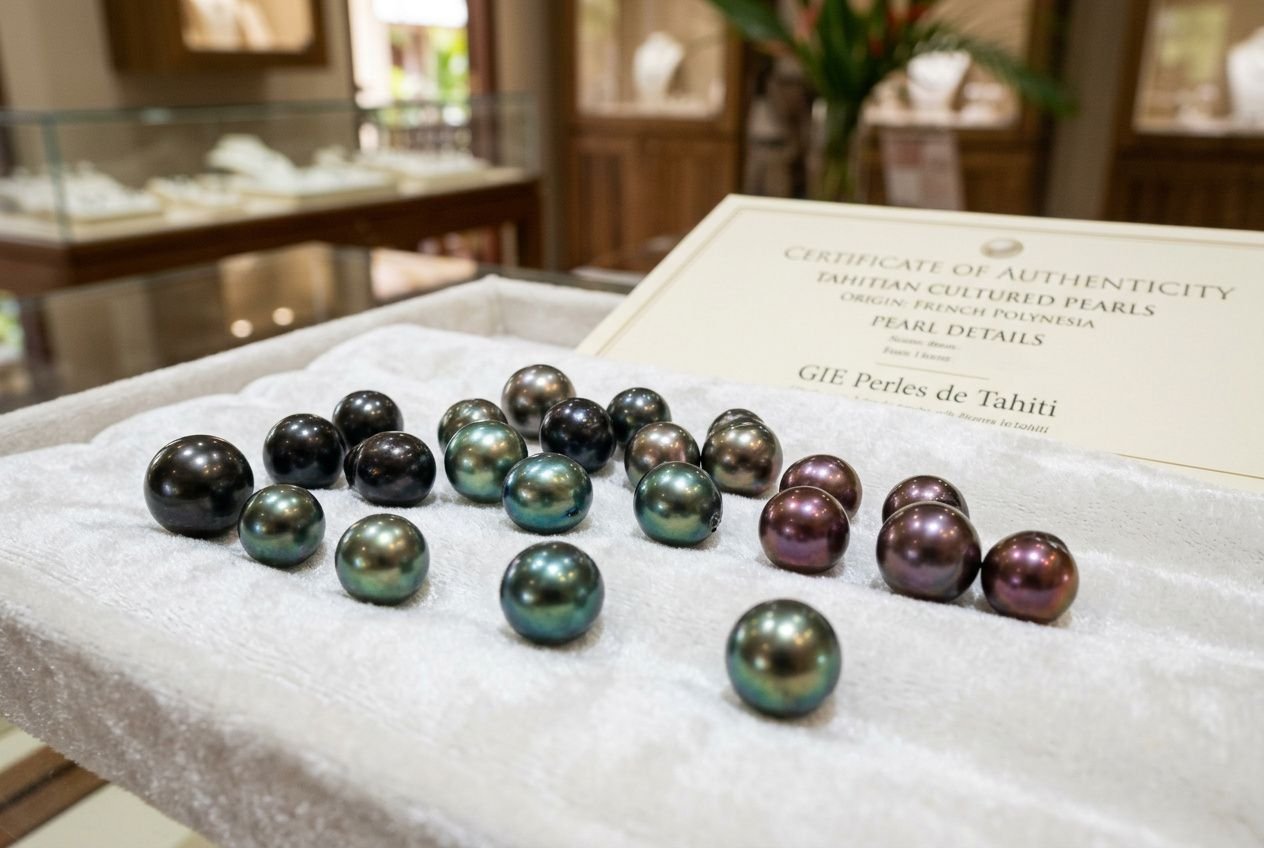 Perles de Tahiti colorées sur socle blanc, accompagnées d’un certificat d’authenticité.