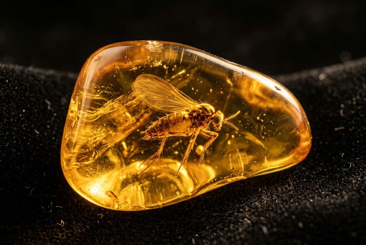 Pierre d’ambre polie contenant une diane insecte emprisonnée, teinte jaune miel et lueur chaude. qu'est ce que l'ambre se révèle.