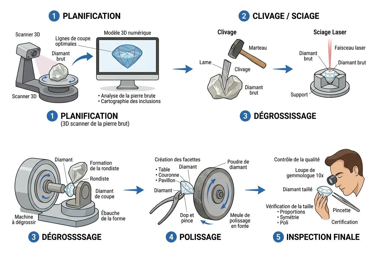 Planification et clivage de la taille du diamant: de la pierre brute à la facette finale, avec invalides étapes. la taille du diamant expliquée par étapes: planification, clavage, dégrossissage, polissage et inspection finale.