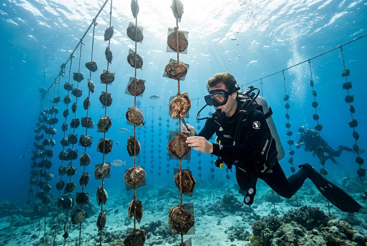 Plongeur inspectant des huîtres perlières suspendues à des cordes sous l'eau dans une ferme perlière.
