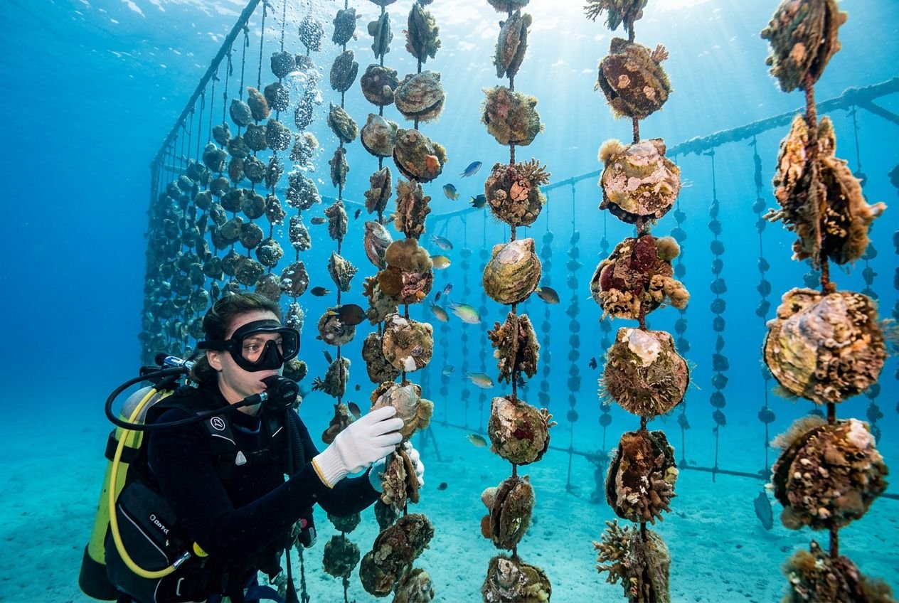 Plongeur inspectant des rangées d'huîtres perlières suspendues dans l'océan dans une ferme perlière.