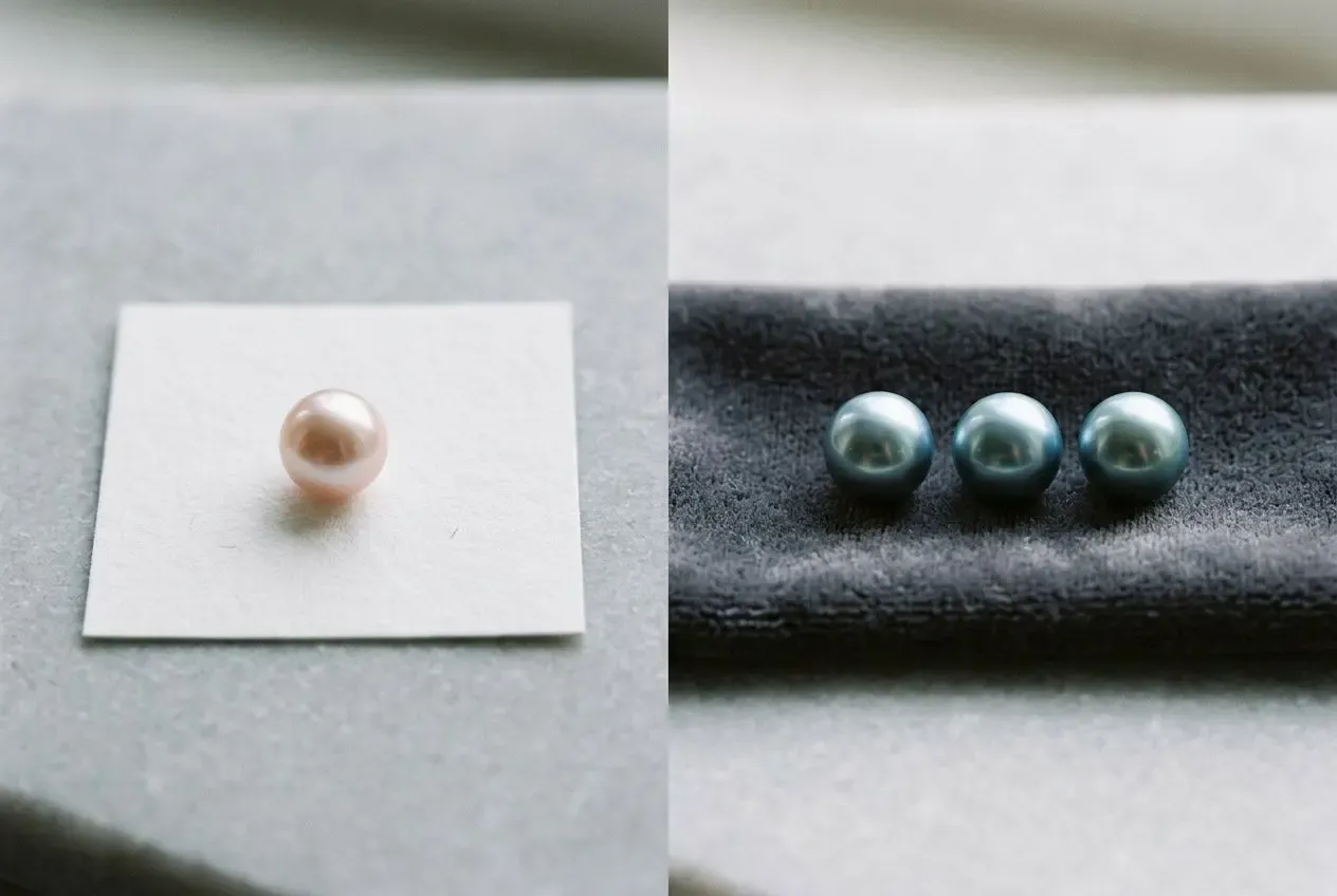 Plusieurs perles de culture, une sur carré blanc et trois sur fond sombre, illustrant des gemmes utilisées pour certificats. comment obtenir un certificat de gemmologie pour un bijou